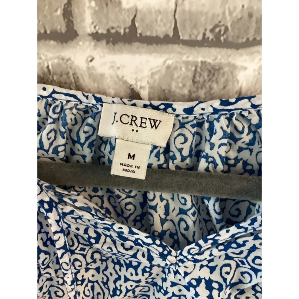 J. Crew Blue and White Printed Peasant Blouse Womens M, Boho, Tassels